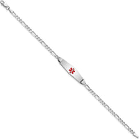 14K White Gold Medical Alert Bracelet with Red Enamel Charm and Figaro Link Chain - 7" Length by Oro Pregiato