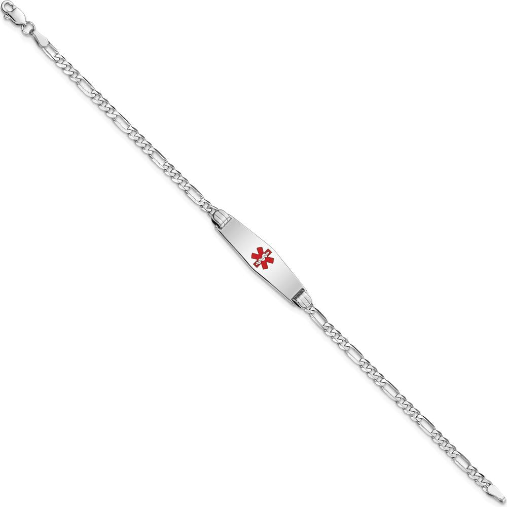 14K White Gold Medical Alert Bracelet with Red Enamel Charm and Figaro Link Chain - 7" Length by Oro Pregiato