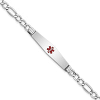 14K White Gold Medical Alert Bracelet with Red Enamel Detail on Figaro Chain by Oro Pregiato