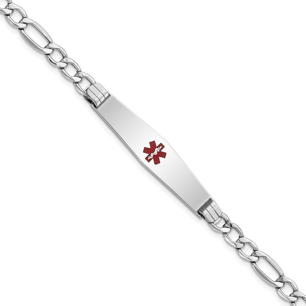 14K White Gold Medical Alert Bracelet with Red Enamel Detail on Figaro Chain by Oro Pregiato