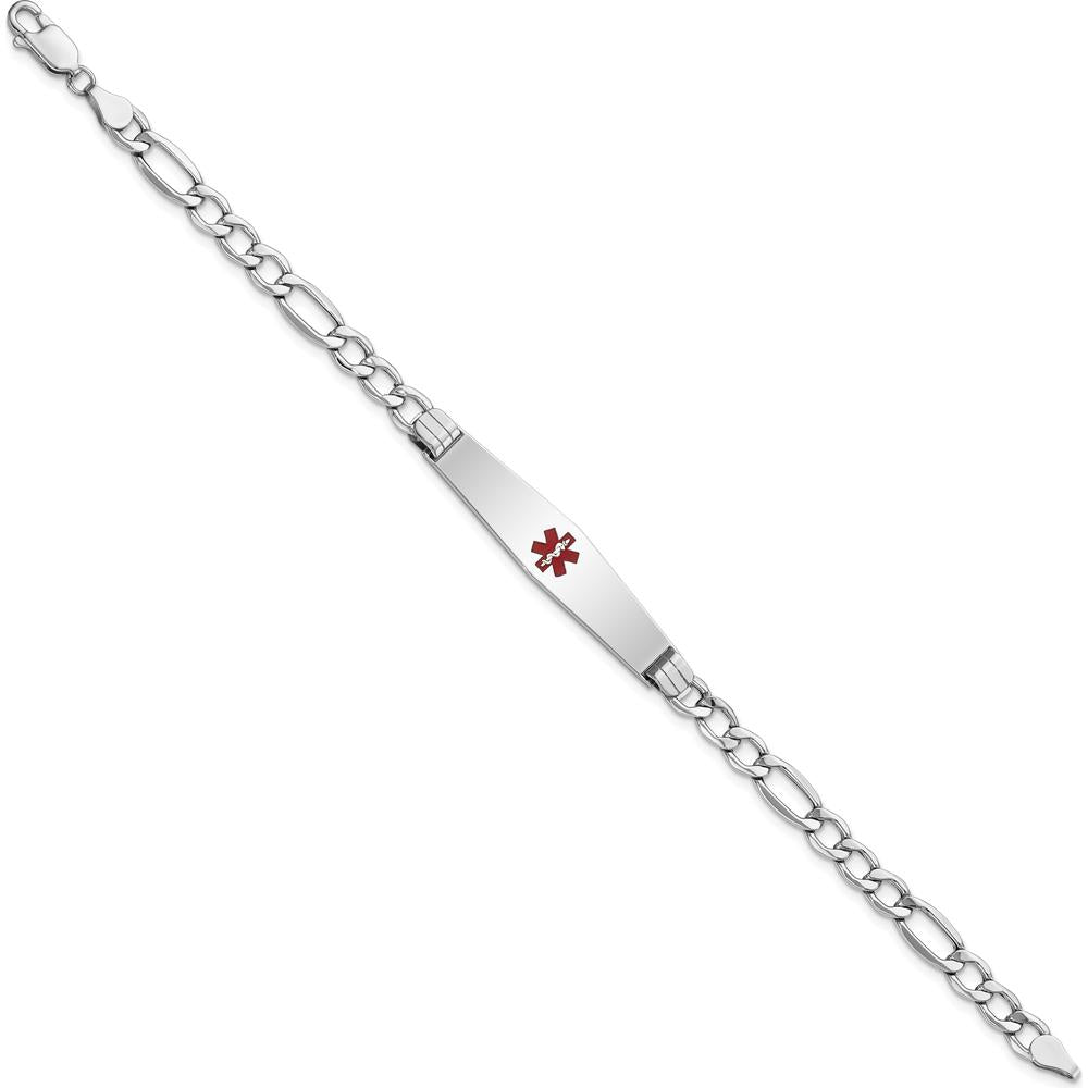 14K White Gold Medical Alert Bracelet with Red Enamel Detail on Figaro Chain by Oro Pregiato