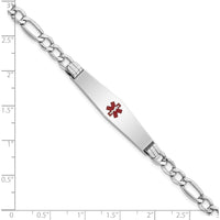 14K White Gold Medical Alert Bracelet with Red Enamel Detail on Figaro Chain by Oro Pregiato