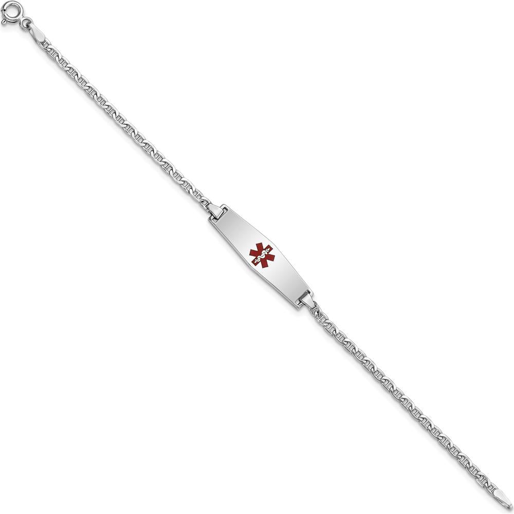 14K White Gold Medical Alert Bracelet with Red Enamel Diamond Shape Charm and Anchor Link Chain - 7" Length by Oro Pregiato