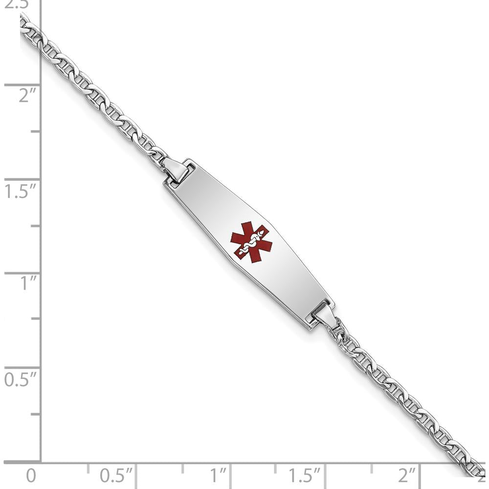14K White Gold Medical Alert Bracelet with Red Enamel Diamond Shape Charm and Anchor Link Chain - 7" Length by Oro Pregiato
