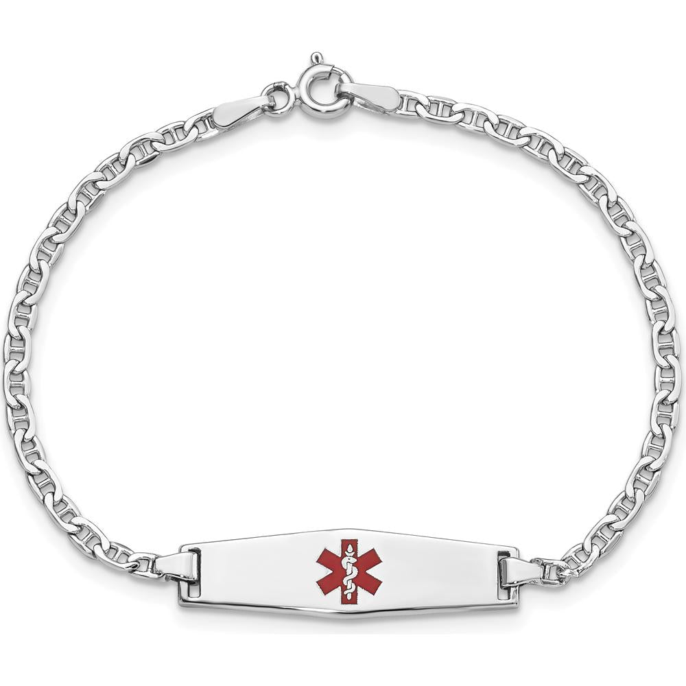 14K White Gold Medical Alert Bracelet with Red Enamel Diamond Shape Charm and Anchor Link Chain - 7" Length by Oro Pregiato