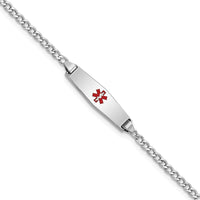 14K White Gold Medical Alert Bracelet with Red Enamel Emblem and Cuban Link Chain - 7" Length by Oro Pregiato
