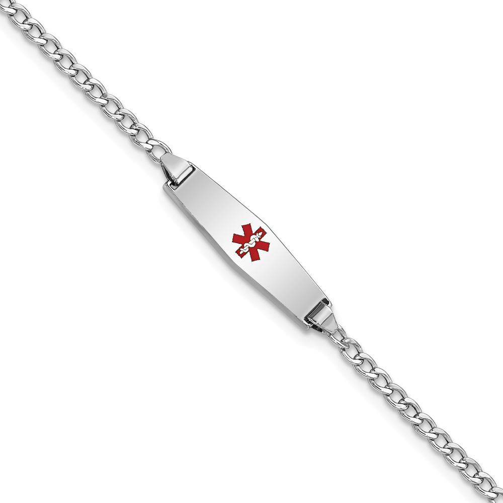 14K White Gold Medical Alert Bracelet with Red Enamel Emblem and Cuban Link Chain - 7" Length by Oro Pregiato