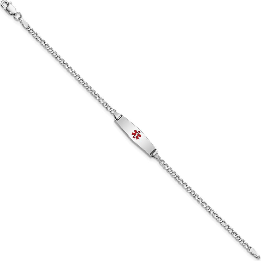 14K White Gold Medical Alert Bracelet with Red Enamel Emblem and Cuban Link Chain - 7" Length by Oro Pregiato
