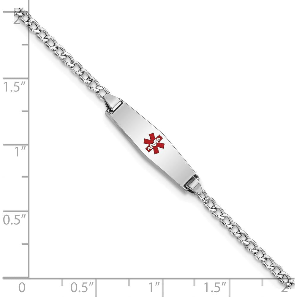14K White Gold Medical Alert Bracelet with Red Enamel Emblem and Cuban Link Chain - 7" Length by Oro Pregiato