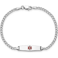 14K White Gold Medical Alert Bracelet with Red Enamel Emblem and Cuban Link Chain - 7" Length by Oro Pregiato