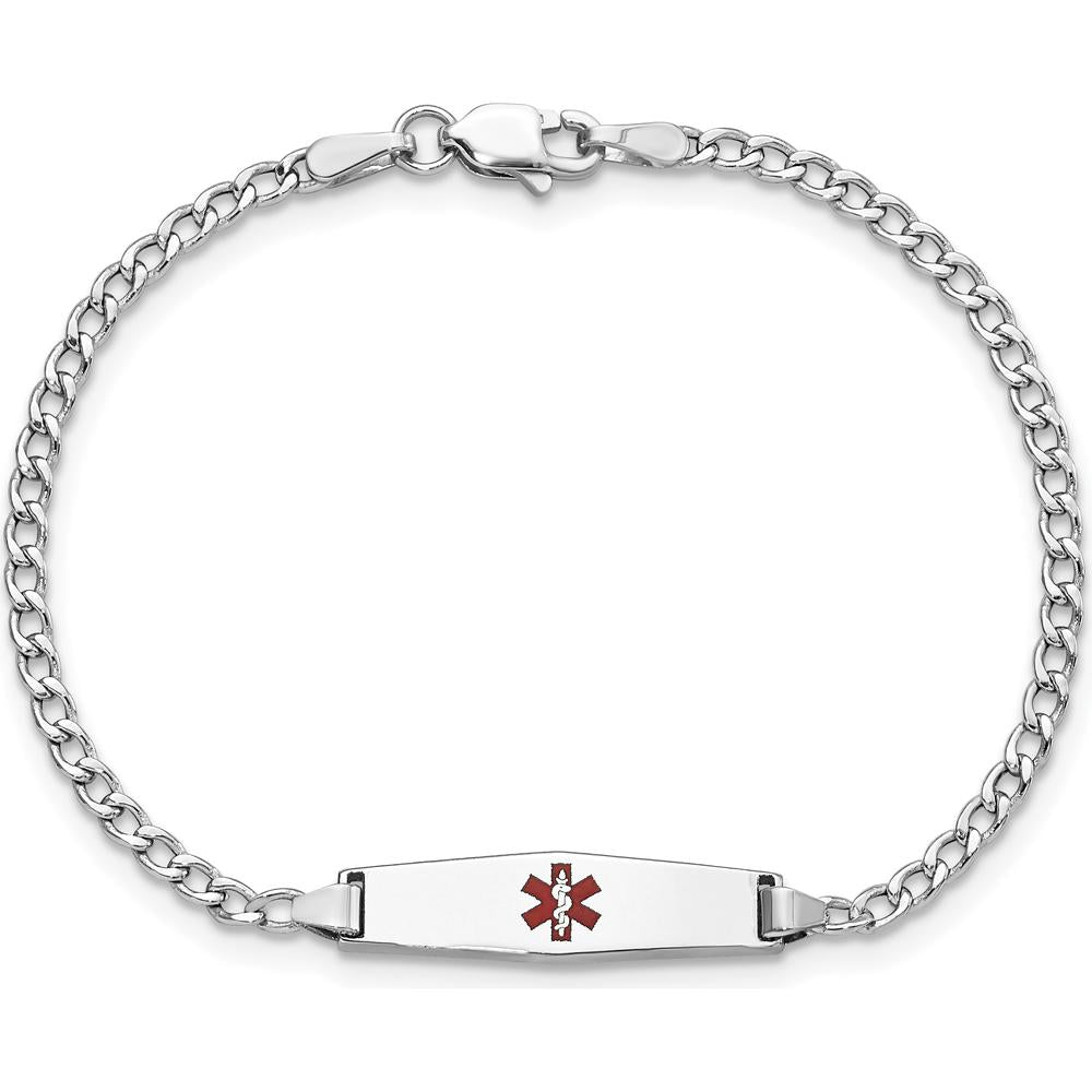14K White Gold Medical Alert Bracelet with Red Enamel Emblem and Cuban Link Chain - 7" Length by Oro Pregiato