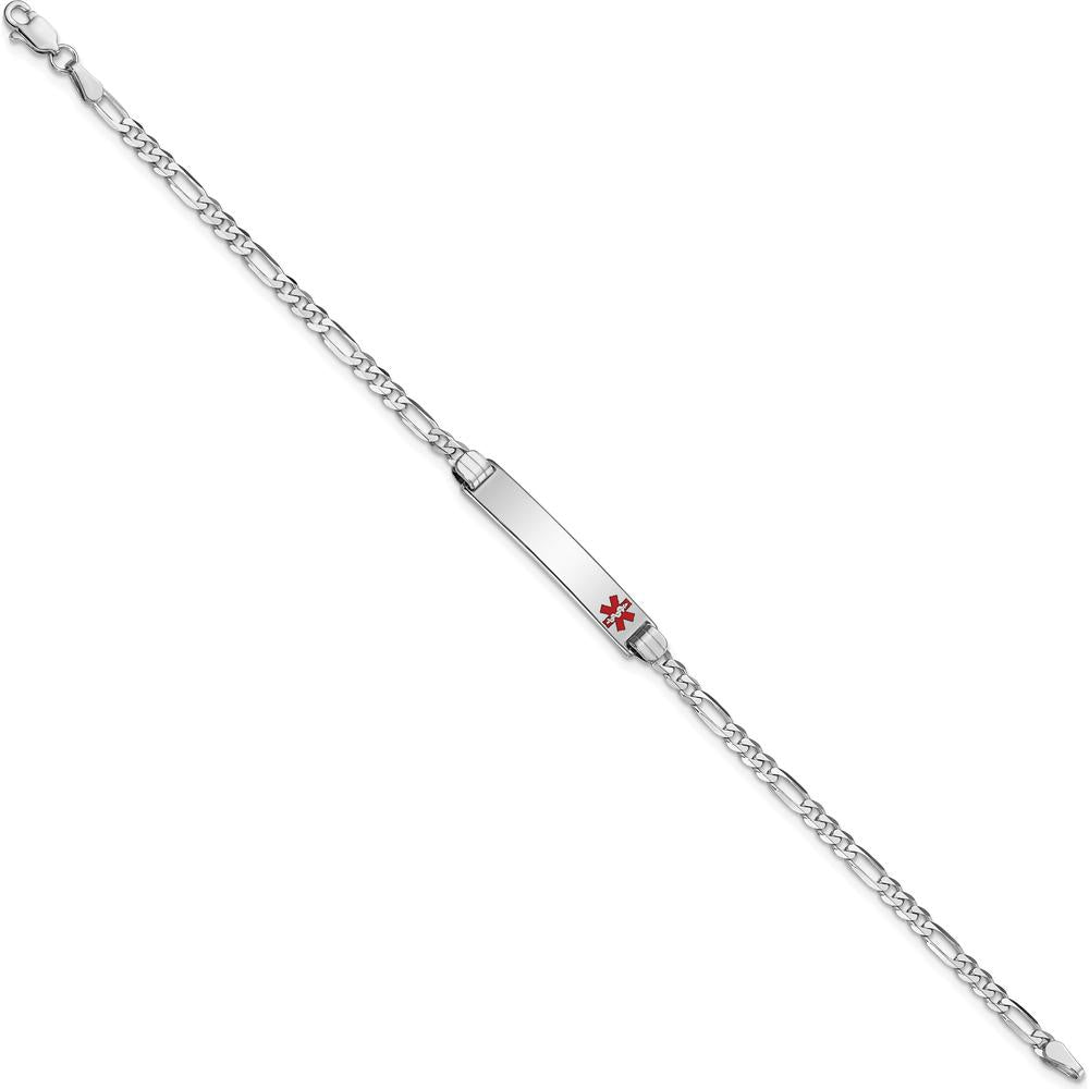 14K White Gold Medical Alert Bracelet with Red Enamel Figaro Chain - 8" Length by Oro Pregiato
