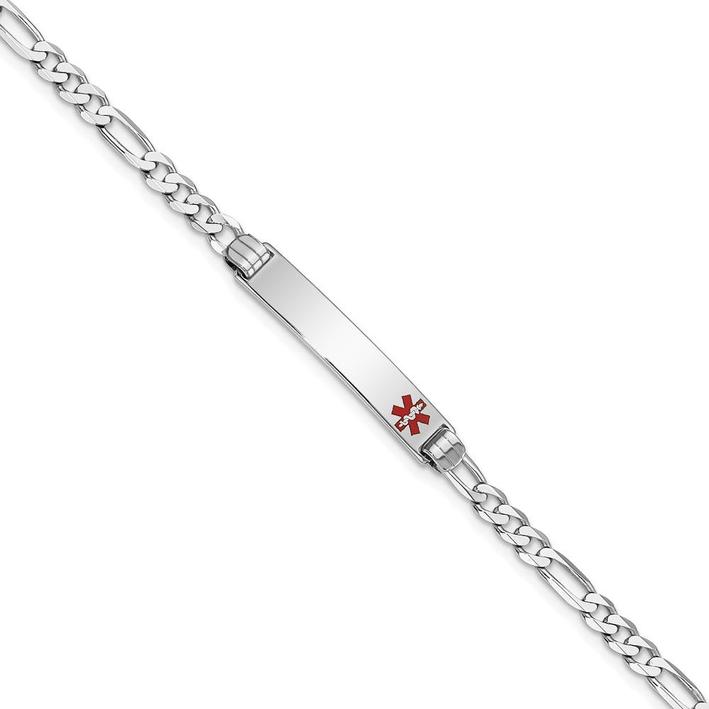 14K White Gold Medical Alert Bracelet with Red Enamel Figaro Links - 7" Length by Oro Pregiato