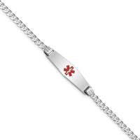 14K White Gold Medical Alert Bracelet with Red Enamel Soft Diamond Shape Charm - 7" Curb Link by Oro Pregiato
