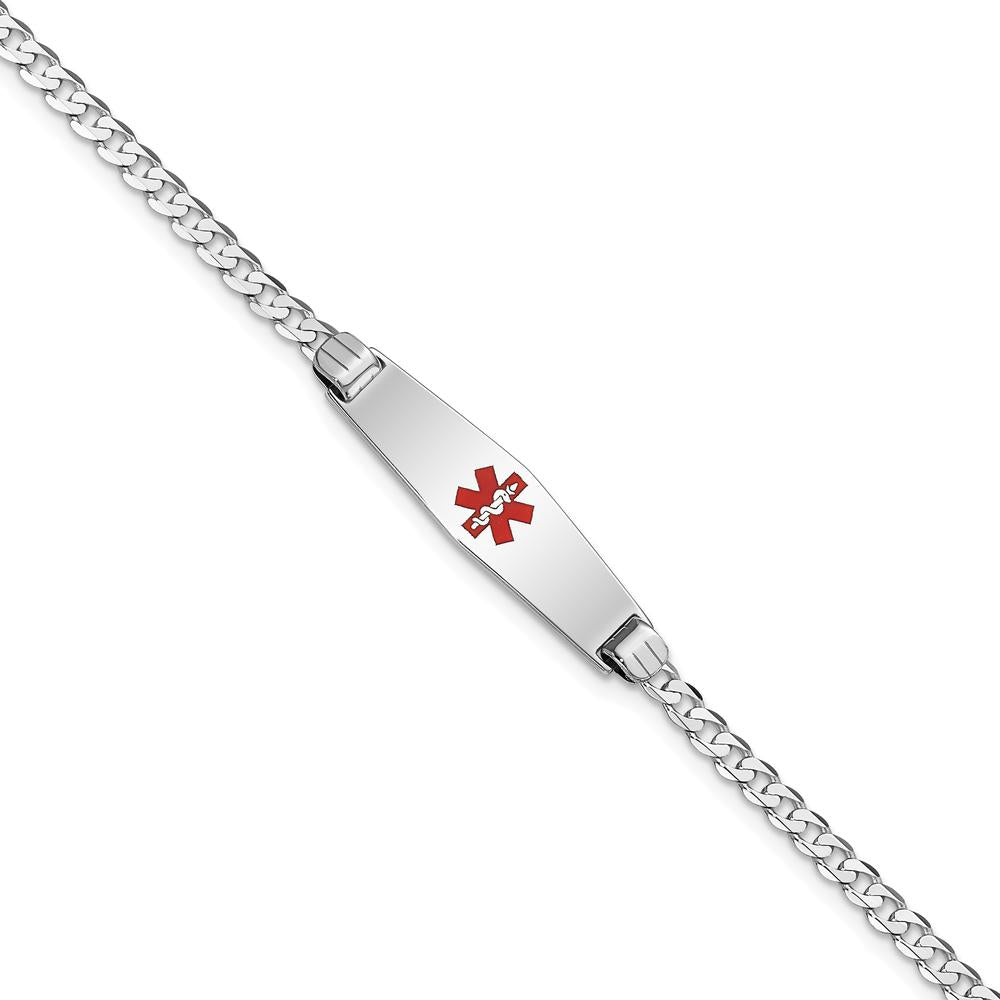 14K White Gold Medical Alert Bracelet with Red Enamel Soft Diamond Shape Charm - 7" Curb Link by Oro Pregiato