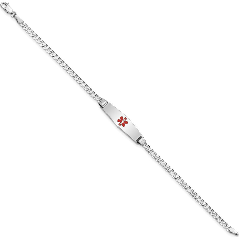 14K White Gold Medical Alert Bracelet with Red Enamel Soft Diamond Shape Charm - 7" Curb Link by Oro Pregiato