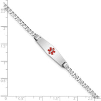 14K White Gold Medical Alert Bracelet with Red Enamel Soft Diamond Shape Charm - 7" Curb Link by Oro Pregiato