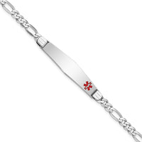 14K White Gold Medical Alert Bracelet with Red Enamel Soft Diamond Shape Charm and Figaro Link - 7" by Oro Pregiato