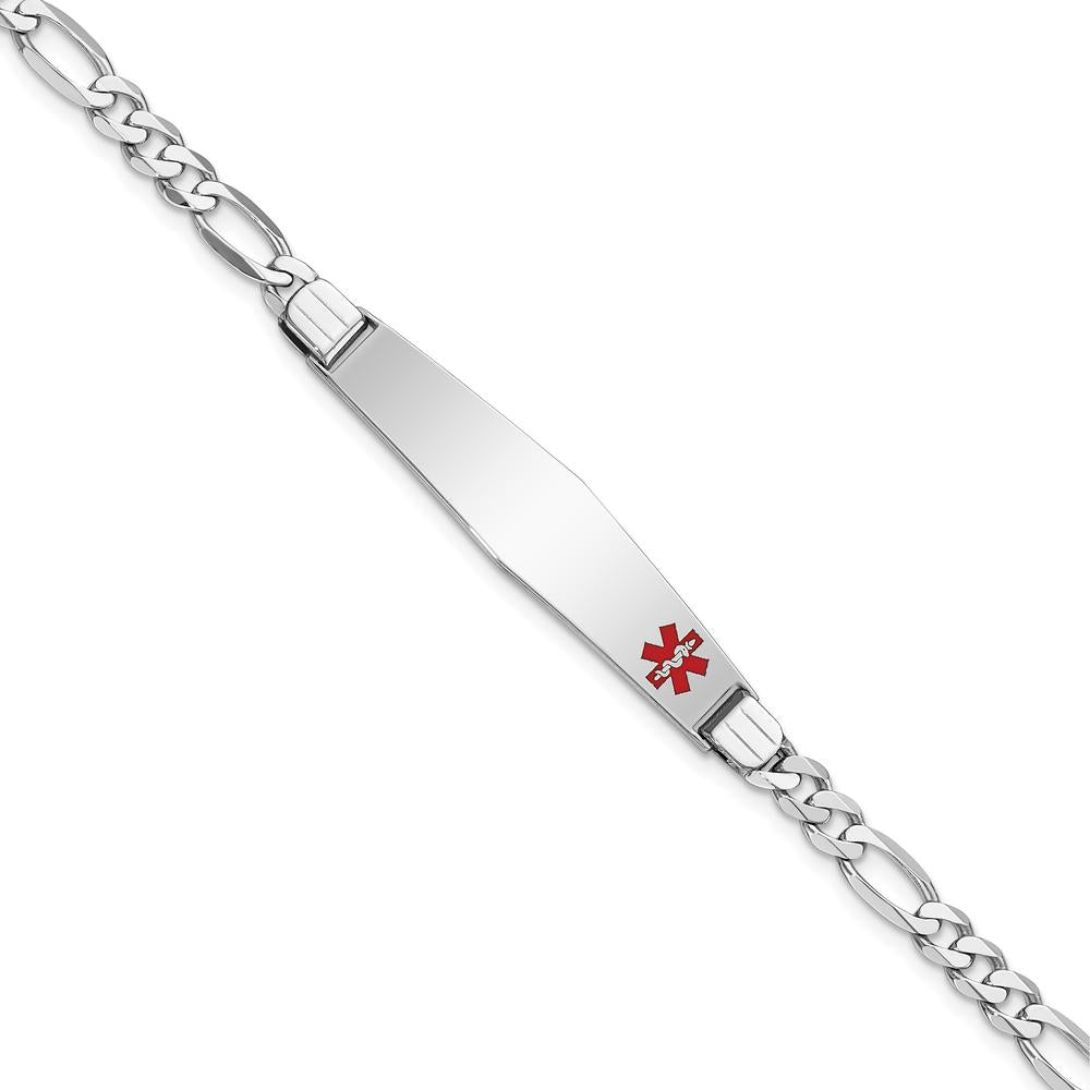 14K White Gold Medical Alert Bracelet with Red Enamel Soft Diamond Shape Charm and Figaro Link - 7" by Oro Pregiato