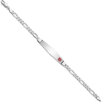 14K White Gold Medical Alert Bracelet with Red Enamel Soft Diamond Shape Charm and Figaro Link - 7" by Oro Pregiato
