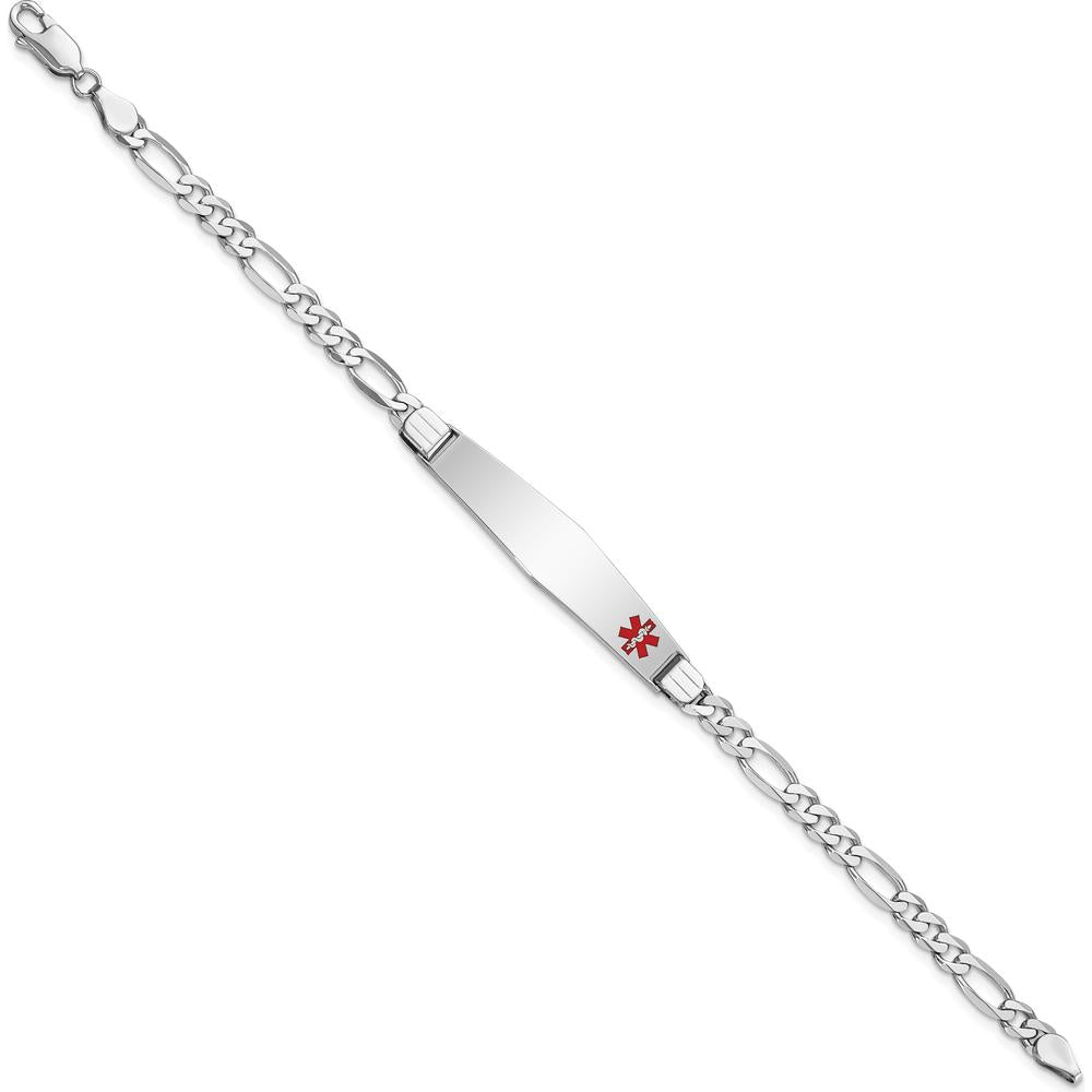 14K White Gold Medical Alert Bracelet with Red Enamel Soft Diamond Shape Charm and Figaro Link - 7" by Oro Pregiato
