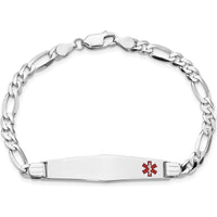 14K White Gold Medical Alert Bracelet with Red Enamel Soft Diamond Shape Charm and Figaro Link - 7" by Oro Pregiato
