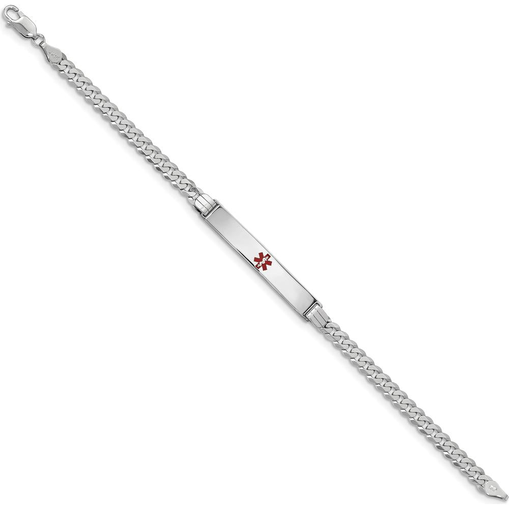 14K White Gold Medical Alert Bracelet with Red Enamel Symbol and Curb Link - 8" Length by Oro Pregiato