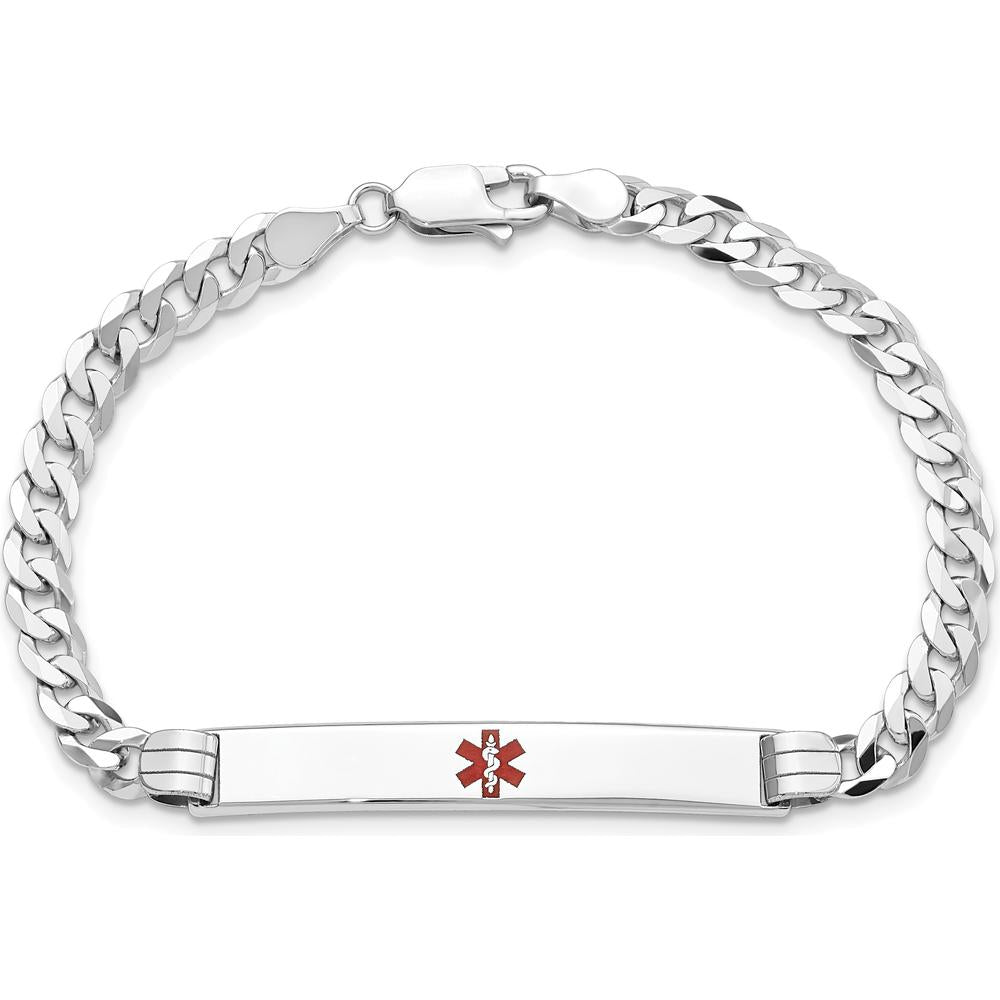 14K White Gold Medical Alert Bracelet with Red Enamel Symbol and Curb Link - 8" Length by Oro Pregiato