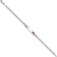 14K White Gold Medical Alert Curb Link Bracelet with Red Enamel and Soft Diamond Shape Solid Plate Charm by Oro Pregiato