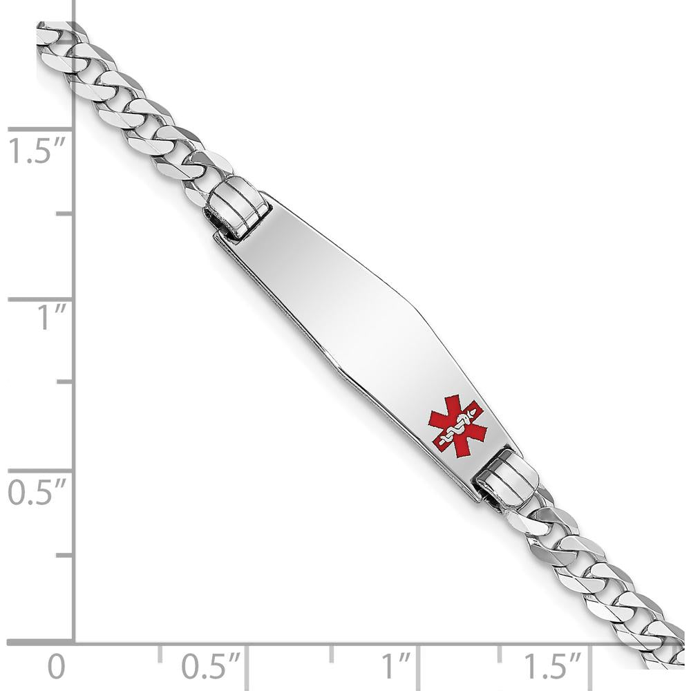 14K White Gold Medical Alert Curb Link Bracelet with Red Enamel and Soft Diamond Shape Solid Plate Charm by Oro Pregiato