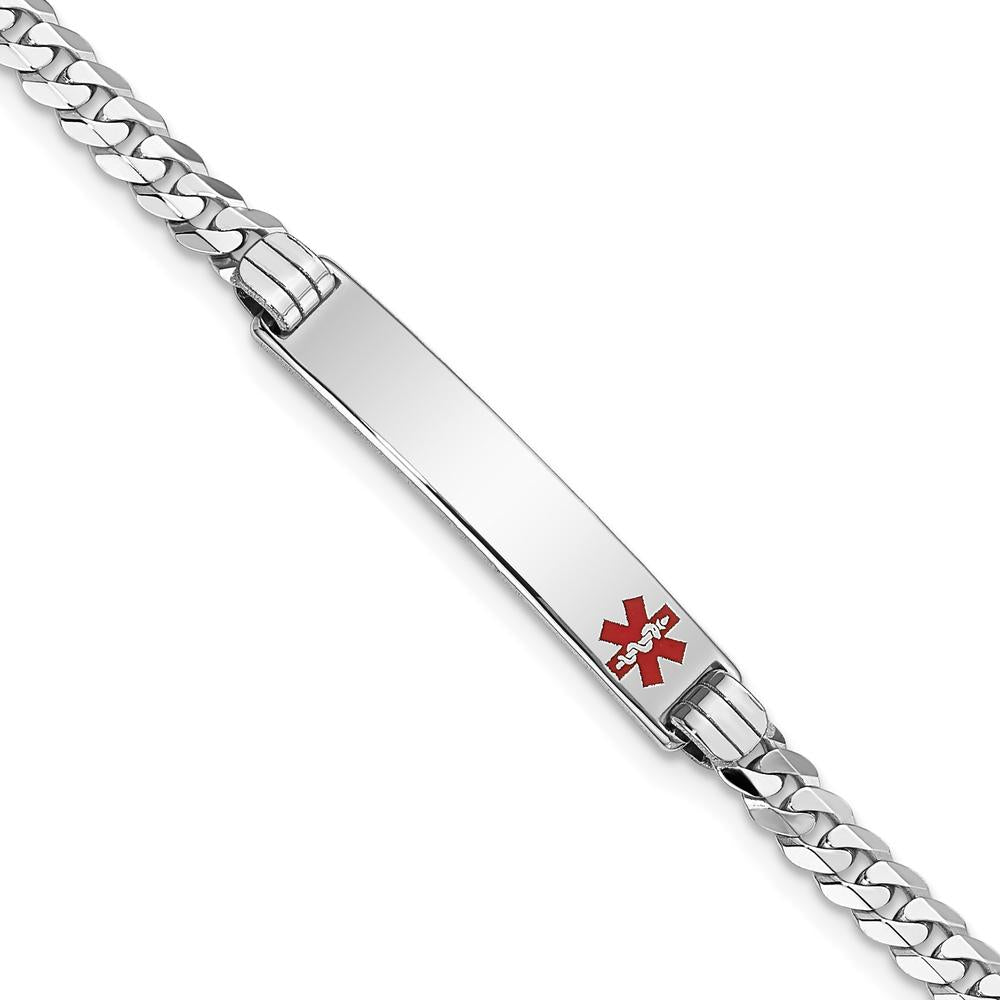 14K White Gold Medical Alert Curb Link Bracelet with Red Enamel Medical Symbol - 8" Length by Oro Pregiato