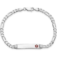 14K White Gold Medical Alert Figaro Link Bracelet with Off-Center Red Enamel Symbol - 8" by Oro Pregiato