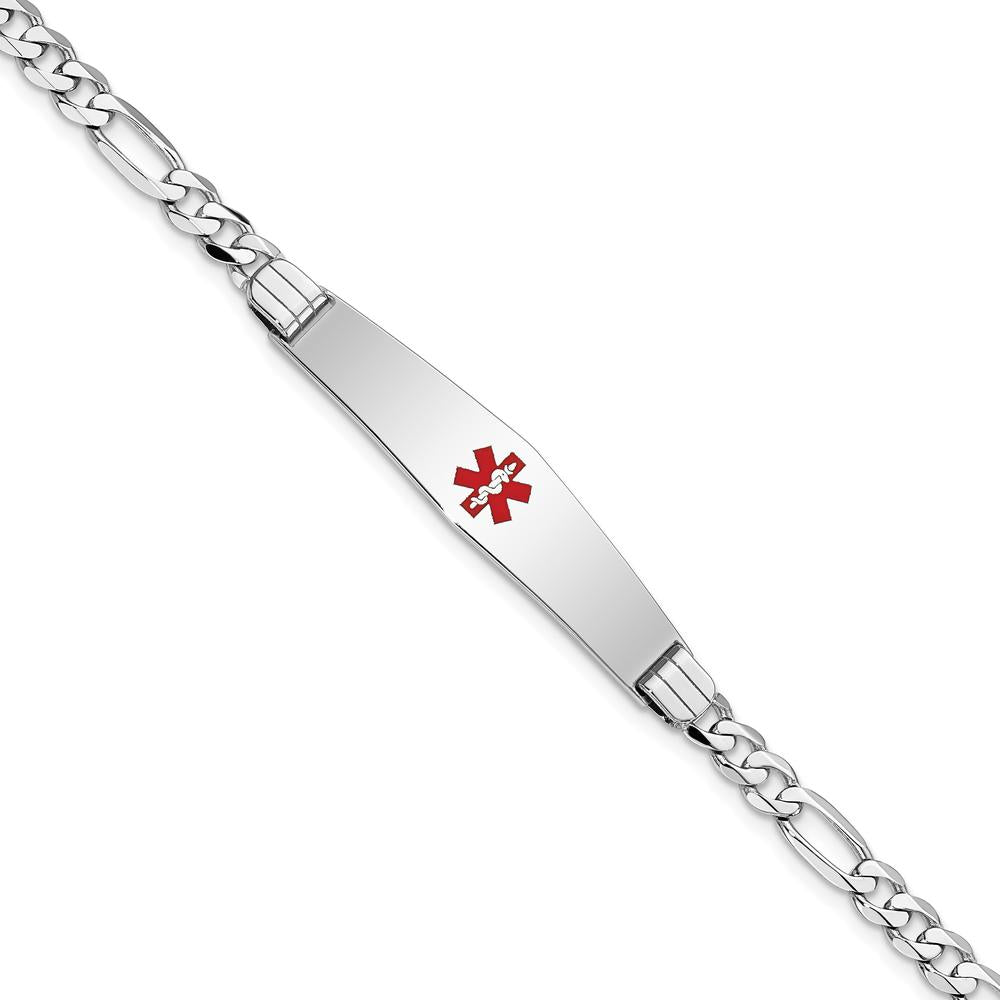14K White Gold Medical Bracelet with Red Enamel Medical Symbol on 8" Figaro Chain by Oro Pregiato