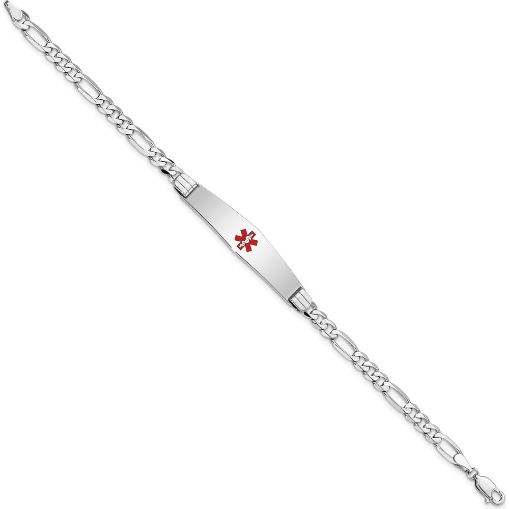 14K White Gold Medical Bracelet with Red Enamel Medical Symbol on 8" Figaro Chain by Oro Pregiato