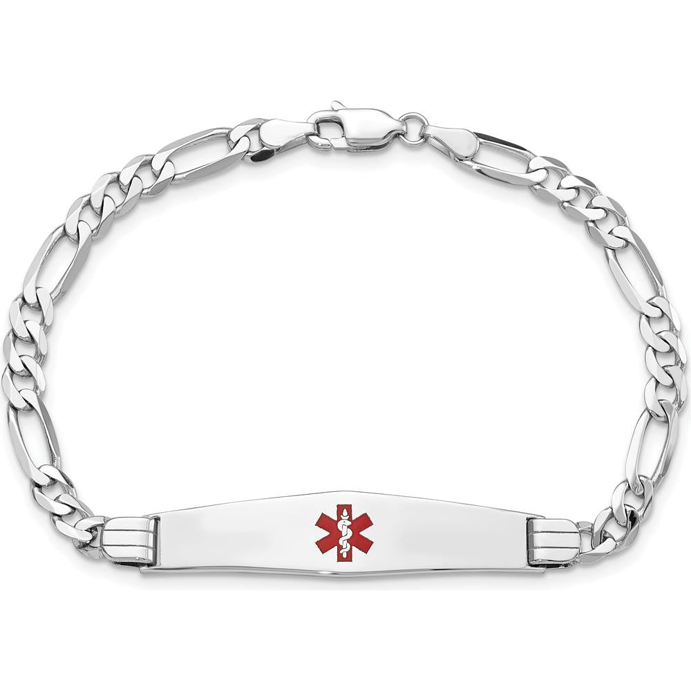 14K White Gold Medical Bracelet with Red Enamel Medical Symbol on 8" Figaro Chain by Oro Pregiato