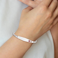 14K White Gold Medical Solid Chain Bracelet with Off-Center Red Enamel Charm - 7" Length by Oro Pregiato