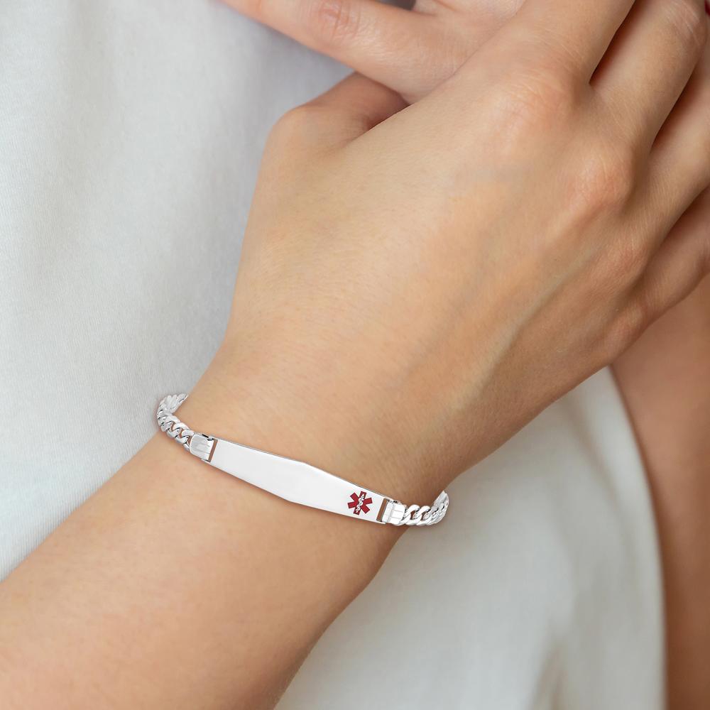 14K White Gold Medical Solid Chain Bracelet with Off-Center Red Enamel Charm - 7" Length by Oro Pregiato