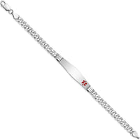 14K White Gold Medical Solid Chain Bracelet with Off-Center Red Enamel Medical Alert Charm - 8" Curb Link Design by Oro Pregiato