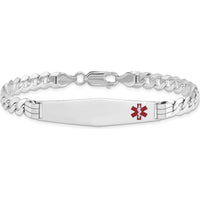 14K White Gold Medical Solid Chain Bracelet with Off-Center Red Enamel Medical Alert Charm - 8" Curb Link Design by Oro Pregiato