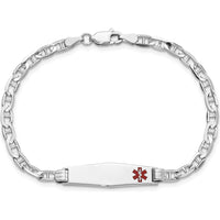 14K White Gold Medical Solid Chain Bracelet with Red Enamel Medical Anchor Symbol - 8" Length by Oro Pregiato