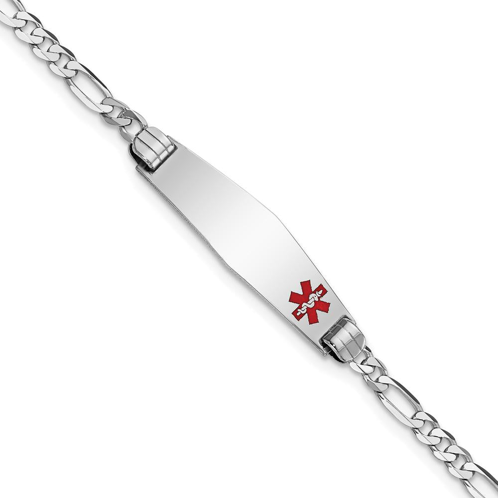 14K White Gold Medical Solid Chain with Soft Diamond Shape Off-Center Red Enamel Charm - 8" Bracelet by Oro Pregiato