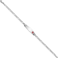 14K White Gold Medical Solid Chain with Soft Diamond Shape Off-Center Red Enamel Charm - 8" Bracelet by Oro Pregiato