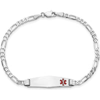 14K White Gold Medical Solid Chain with Soft Diamond Shape Off-Center Red Enamel Charm - 8" Bracelet by Oro Pregiato