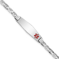 14K White Gold Medical Solid Plate Bracelet with Red Enamel Medical Alert Charm - 7" Length by Oro Pregiato