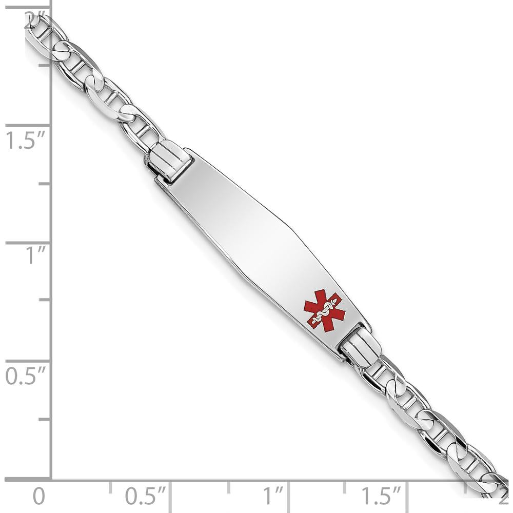 14K White Gold Medical Solid Plate Bracelet with Red Enamel Medical Alert Charm - 7" Length by Oro Pregiato