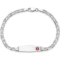 14K White Gold Medical Solid Plate Bracelet with Red Enamel Medical Alert Charm - 7" Length by Oro Pregiato