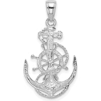 14K White Gold Medium Anchor Pendant with Rope and Ships Wheel - Rhodium Plated by Oro Pregiato