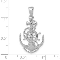 14K White Gold Medium Anchor Pendant with Rope and Ships Wheel - Rhodium Plated by Oro Pregiato