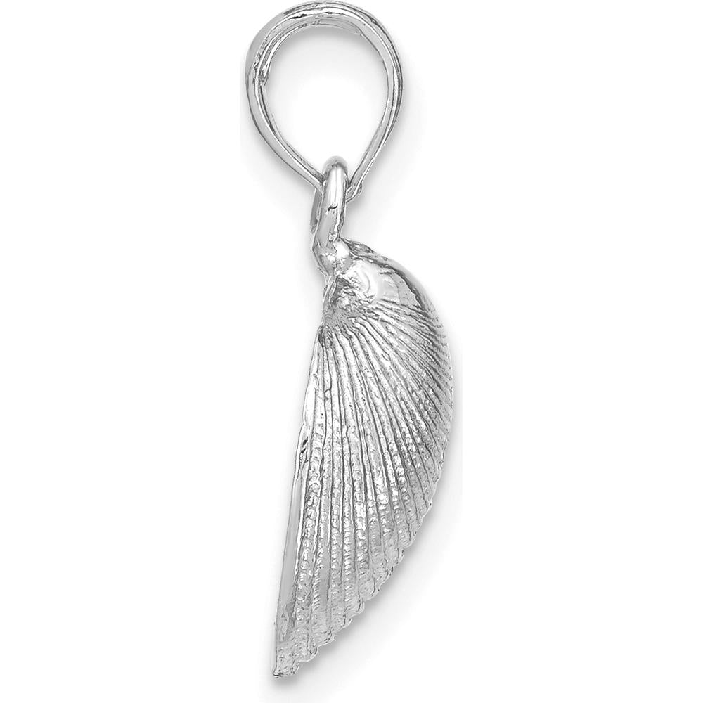 14K White Gold Medium Clam Shell Pendant with Textured Design - Rhodium Plated by Oro Pregiato