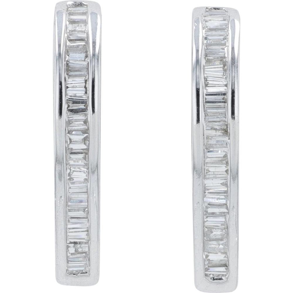 14K White Gold Medium Diamond Hoop Earrings with 0.55 Carat Total Baguette Diamonds